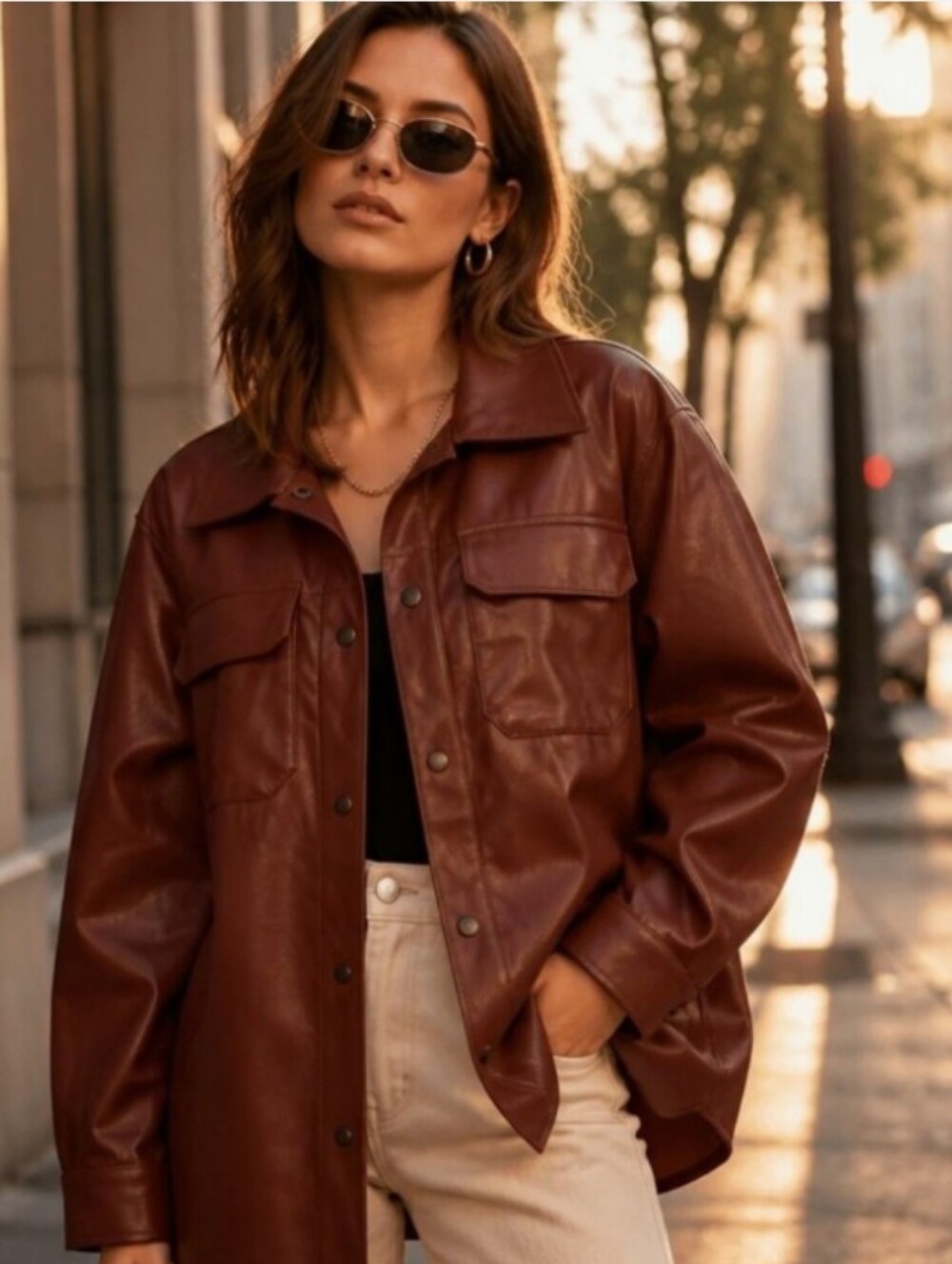 Steve Madden Chest-Pocket Faux Leather Shacket in Brown